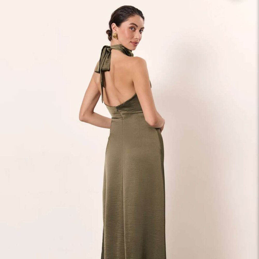 Dark Olive Green Silk Halter Prom Dress